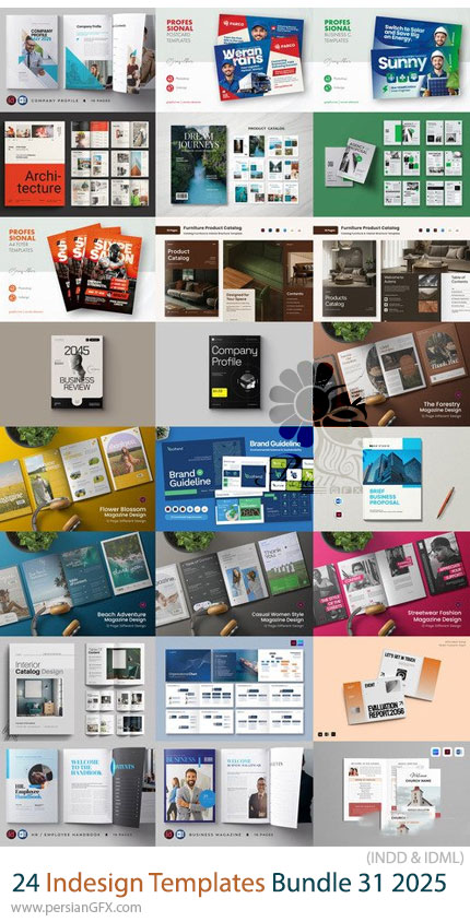 دانلود پک 24 قالب ایندیزاین بروشور، مجله، فاکتور، کاتالوگ و ... برای طراحان گرافیک - Indesign Templates Bundle 31 2025