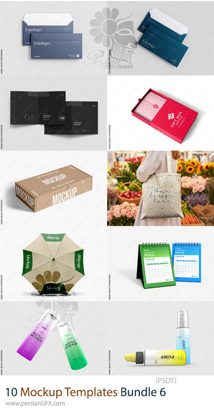 دانلود مجموعه 10 قالب موکاپ حرفه‌ای شامل کیف، پاکت نامه، بسته بندی، تقویم و ... - Mockup Templates Bundle 6