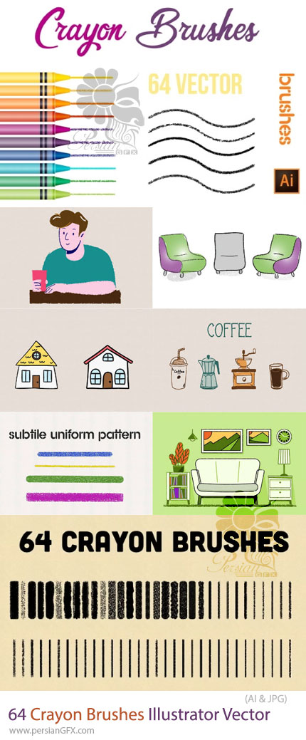 دانلود مجموعه براش مداد شمعی وکتور برای ایلوستریتور - Crayon Brushes Illustrator Vector